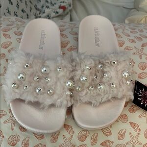 Olivia Miller Pink and White Pearl Embellished Slippers